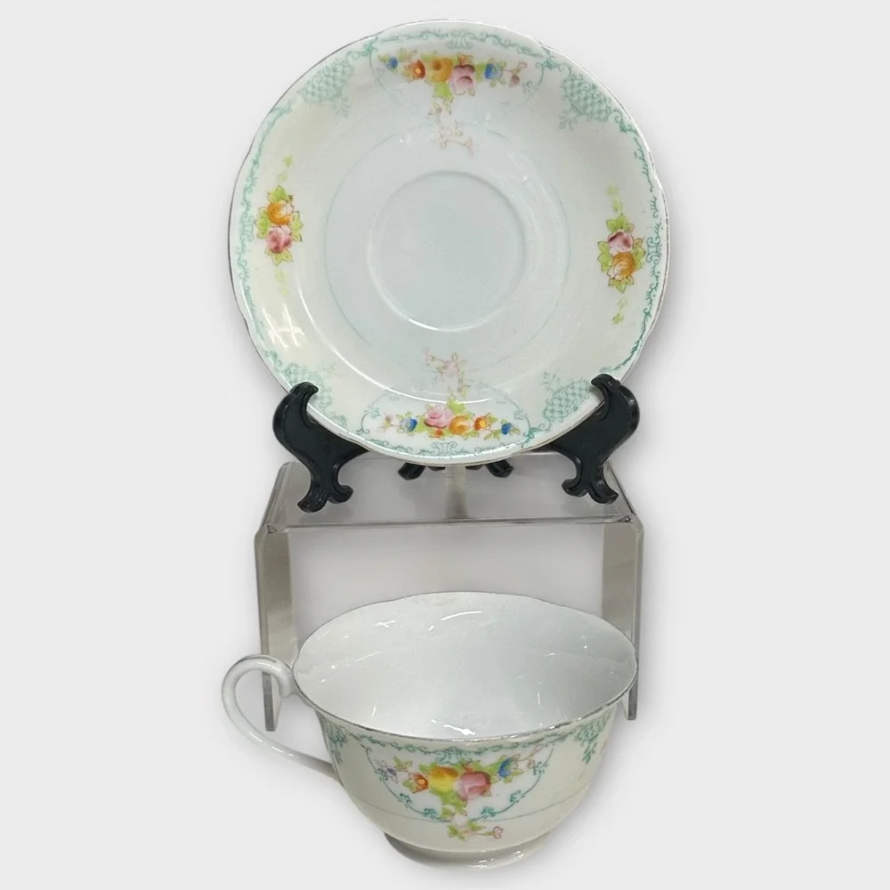 VTG Harco Japan Tea Cup & Saucer SET‎ OF 3 Hand Painted Floral Lattice Porcelain